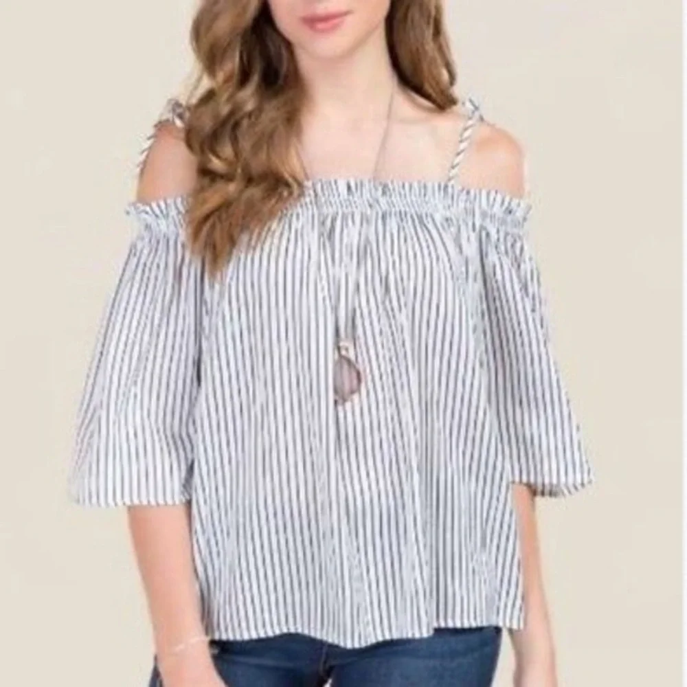 Francesca Blue Rain pinstripe off shoulder shirt - Picture 1 of 9